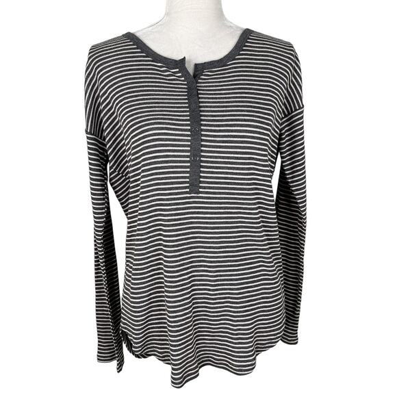 Gap Top Waffle Henley Bashful Pink Gray M Stripes Thermal LS New - Picture 1 of 9